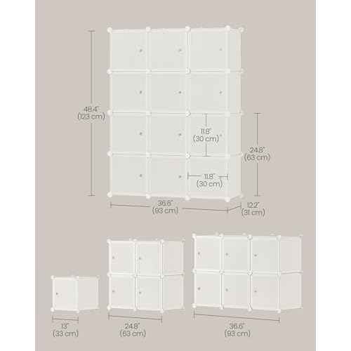 SONGMICS Cube Storage Organizer, Set of 12 Plastic Cubes, Closet Storage Shelves, DIY Plastic Closet Cabinet, Modular Bookcase, Shelving with Doors for Bedroom, Living Room, Cream White ULPC342W02