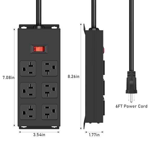 JUNNUJ 20 Amp Power Strip Heavy Duty 2 Pack, Garage 6 Outlets Metal 12 Gauge Surge Protector 3000J, High Amp 5-15P Adapter Shop 6-20R T-Slot Industrial (6AC 2-Pack, 6FT)