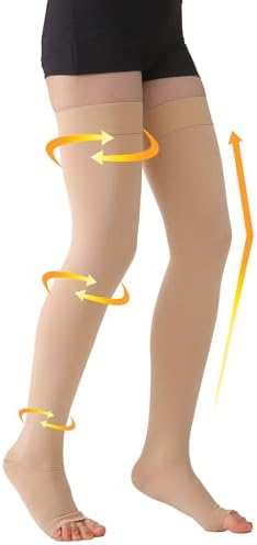 MGANG Medical Thigh High Compression Stockings for Men & Women, Pair, Open Toe, 15-20 mmHg Graduated Compression Support Hose, Opaque, Best for Varicose Veins, Edema, Flight, DVT, Swelling, Beige 3XL