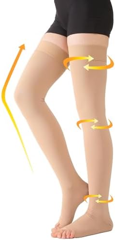 MGANG Medical Thigh High Compression Stockings for Men & Women, Pair, Open Toe, 20-30 mmHg Graduated Compression Support Hose, Opaque, Best for Varicose Veins, Edema, Flight, DVT, Swelling, Beige 5XL