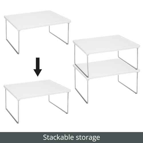 mDesign Metal Stacking Storage Organization for Shelves Inside Closet in Bedroom, Bathroom, Hall, or Entryway - Organizer Stand for Clothing, Linen, Household Items, Ligne Collection, 2 Pack, White