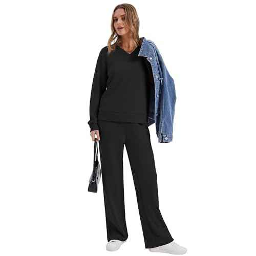 WIHOLL Lounge Sets for Women 2025 V Neck 2 Piece Outfits Airport Wide Leg Pants Matching Set Sweatsuits