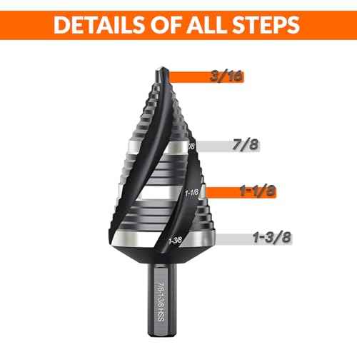 THINKWORK Four Spiral Flute Step Drill Bit, HSS Step Drill Bit3/16-1-3/8 (3 Popular Sizes) Unibit Step Drill Bit, 1/4" Shank Step Bits for Aluminum, Wood, Plastic, Metal
