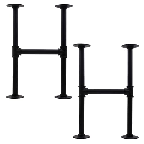 28 Inch Industrial Pipe Table Leg Set, Iron Base Legs for Coffee Tables, Desks, NightstandVintage, Dark Grey Black Rough Pipes, 2pcs