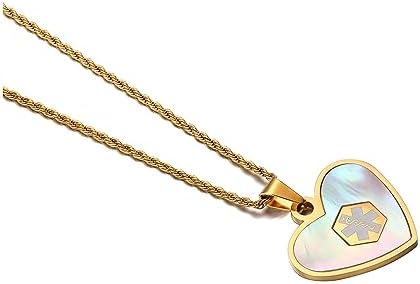 Medical Alert Necklace for Women Shell & Gold-Tone Stainless Steel Emergency ID Tag Pendant Necklace for Girls Custom Engraved Medical Alert Jewelry