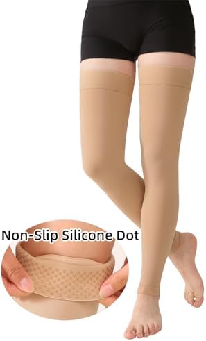 MGANG 15-20 mmHg Compression Stockings for Women & Men, Thigh High Medical Footless Graduated Compression Sleeves with Silicone Dot Band, for Varicose Veins, Edema, Travel, Flight, Pregnant, Beige L
