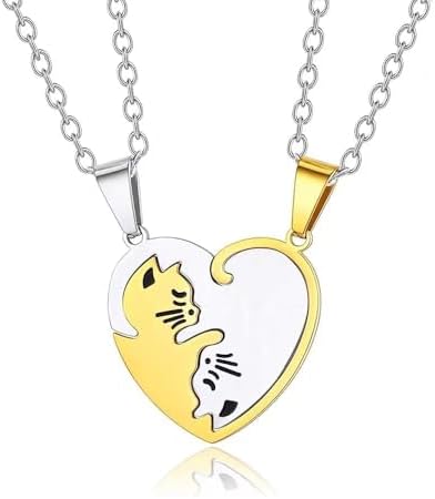 Cat Matching Necklaces, heart cat necklace,friendship necklace,couple necklaces, stainless steel necklace,bff necklace, birthday present, anniversary, Christmas Gift