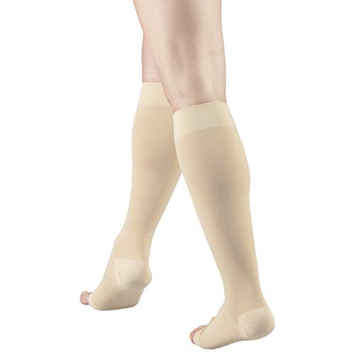 Truform 20-30 mmHg Compression Microfiber Stockings for Men and Women, Knee High Length, Open Toe, Beige, Small