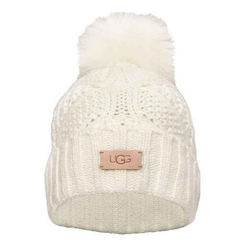UGG Women's Cable Knit Beanie with Plush Pom - Cozy Winter Hat in Soft Acrylic-Wool Blend, Leather Logo Detail, Nimbus, One Size