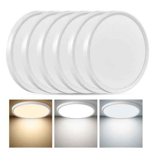 6PK 12 Inch LED Flush Mount Ceiling Light, 24W, 2520LM, 3000K/4000K/6000K CCT Selectable, 0.9inch Super Slim LED Ceiling Light Fixture, Low Profile Round Flat Panel Light for Bedroom,Kitchen,Hallway