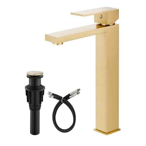 gotonovo Vessel Sink Faucet Single Handle Tall Bathroom Faucet One Hole Modern Lavatory Vanity Basin Mixer Tap Matching Supply Hoses and Pop up Drain Without Overflow, Brushed Gold