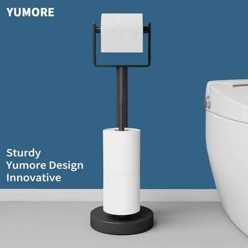 YUMORE Toilet Paper Holder Stand with Storage, Bathroom Weighted Base Floor Toilet Paper Roll Holder Free Standing for 3 Rolls, Matte Black
