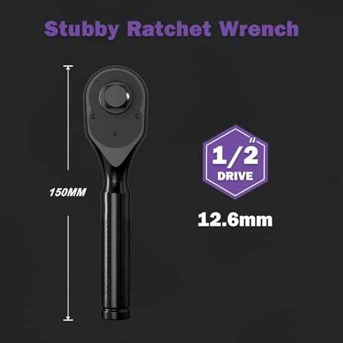 Stubby Ratchet,1/2 Inch Drive Mini Ratchet Wrench,72-Tooth Dual-Direction Ratchet, CR-MO Head Small Ratchet Wrench for Automobiles and Motorcycles
