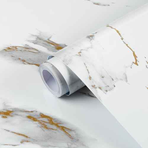 TANONE White Marble Contact Paper for Countertops Waterproof Wallpaper Peel and Stick for Cabinets Removable Matte Gold White Marble Vinyl Wrap for Kitchen Bathroom Counter 17.8"x 118"
