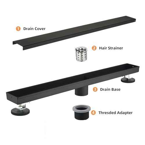Linear Shower Drain £¬with Tile Insert Panels £¬18 Inch Black 304 Stainless Steel Rectangle Shower Floor Drain£¬with Hair Catcher, Adjustable Feet£¬Fits Bathroom, Balcony