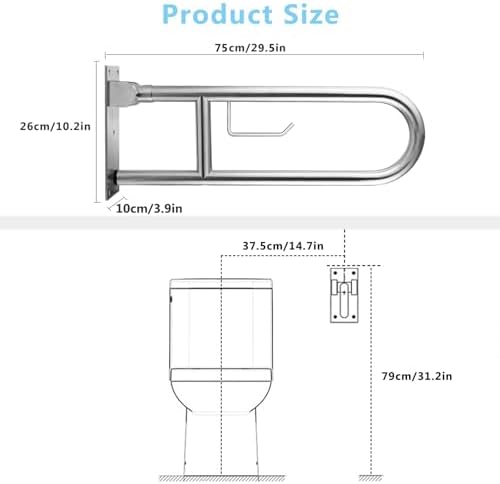 Toilet Grab Bar Stainless Steel Handicap Rails Grab Bars Bathroom Support for Elderly Disabled Safety Hand Railing Guard Frame Shower Assist Aid Handrails Hand Grips (29.5 Inches with Paper Holder)