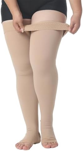 MGANG Medical Thigh High Compression Stockings for Men & Women, Pair, Open Toe, 20-30 mmHg Graduated Compression Support Hose, Opaque, Best for Varicose Veins, Edema, Flight, DVT, Swelling, Beige 5XL