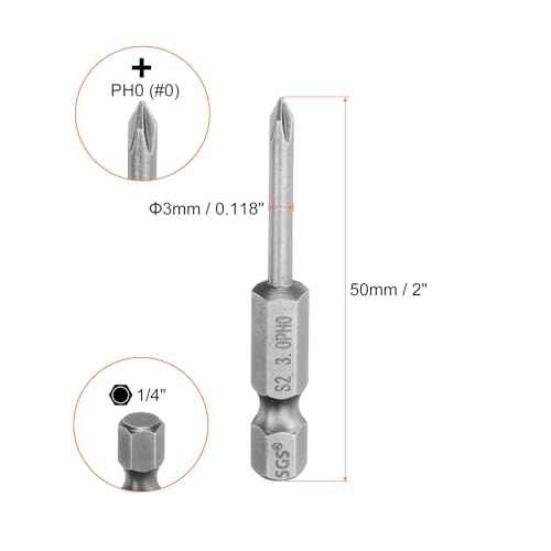 HARFINGTON 5pcs #0 Phillips Screwdriver Bit PH0 1/4" Hex Shank 2" (50mm) Long Magnetic S2 Steel Industrial Grade Screw Driver Bit Cross Head Electric Drill Bits 0.118" (3mm) Rod