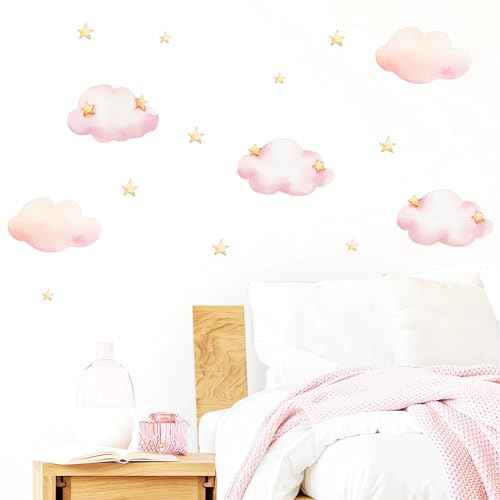 Pink Clouds and Stars Wall Stickers, sacinora Cartoon DIY Art Wall Decals Removable Vinyl Peel and Stick for Kids Baby Nursery Living Room Bedroom Children's Room Playroom Decorations