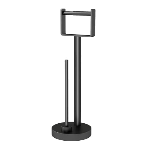YUMORE Toilet Paper Holder Stand with Storage, Bathroom Weighted Base Floor Toilet Paper Roll Holder Free Standing for 3 Rolls, Matte Black