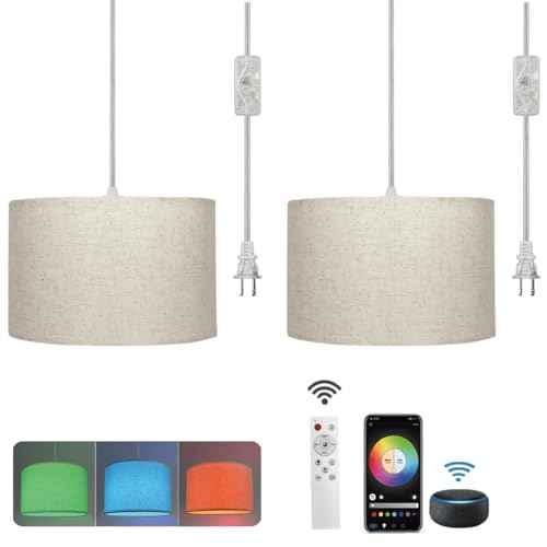 Hanging Lamp Plug in Pendant Light 2 Pack with Remote Control, 15Ft Hanging Lights with Plug in Cord Beige Lamp Shade Plug in Ceiling Light with Cord for Bedroom, Kitchen, Living Room, Dining Table
