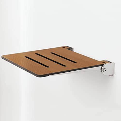 Seachrome 18 inch Silhouette Slimline Folding Wall Mount Shower Bench Seat, Teak Seat with Silver Frame