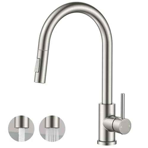 FORIOUS Kitchen Faucet with Pull Down Sprayer, Classic Single Hole Kitchen Sink Faucet with Deck Plate, Brushed Nickel Single Handle, High Arc Stainless Steel for RV Bar Farmhouse Laundry Outdoor