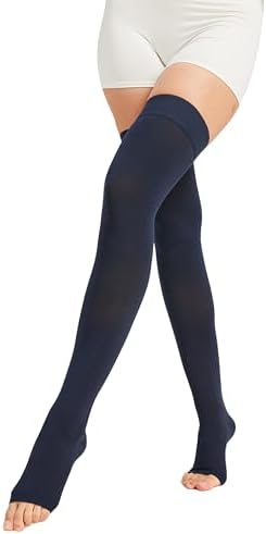 MGANG Medical Thigh High Compression Stockings for Men & Women, Pair, Open Toe, 15-20 mmHg Graduated Compression Support Hose, Opaque, Best for Varicose Veins, Edema, Flight, Swelling, Navy Blue XL