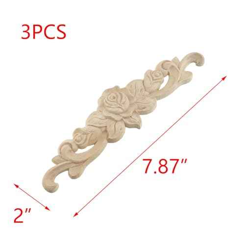 T Tulead Wood Carving Decal Rose Wood Appliques Furniture Cabinet Decoration Onlay Applique 7.87"x2",Pack of 3
