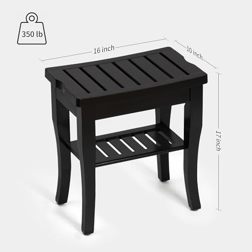 Bamboo Shower Bench, Spa Small Shower Stool for Inside Shower Waterproof, Bathroom Bench Seat with Storage Shelf for Adults Elderly Seniors, Wood Chair for Indoor or Outdoor Use, Black