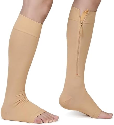 NURCOM Zipper Copper Compression Socks Open Toe Beige 15-20 mmHg Knee High Stockings, Designed for Circulation, Varicose Veins, Swelling, Venous Insufficiency, Post-Operative Recovery, 4X-Large