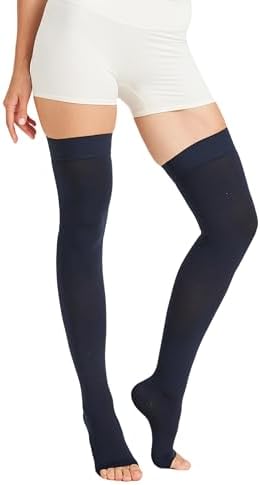 MGANG Medical Thigh High Compression Stockings for Men & Women, Pair, Open Toe, 15-20 mmHg Graduated Compression Support Hose, Opaque, Best for Varicose Veins, Edema, Flight, Swelling, Navy Blue 2XL