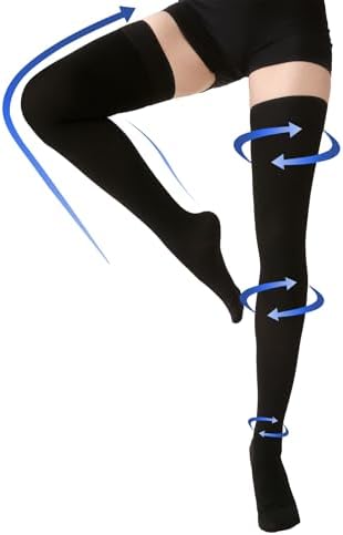 Thigh High Compression Stockings Closed Toe for Men & Women, Opaque, KEKING 15-20mmHg Graduated Compression Leg Support Hose with Silicone Band - Swelling, Varicose Veins, Edema, DVT, Black Small