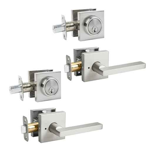 Front Door Handle Set with Deadbolt, Door Levers and Single Cylinder Deadbolt Set, Keyed Alike Heavy Duty Keyed Privacy Handles Locksets,(Satin Nickel,2Pack)