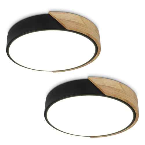 Led Ceiling Light Flush Mount: 12 Inch 24W Bedroom Light Fixture with Round Wood Modern Black Flat Overhead Ceiling Lamps for Kitchen Hallway Laundry Warm White 3000K, Not Dimmable - 2 Pack