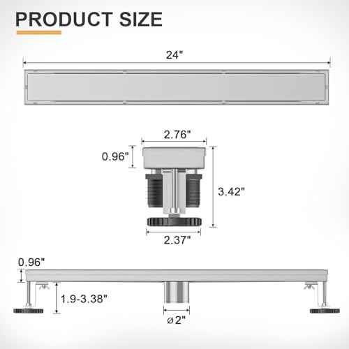 Linear Shower Drain, 24 Inch Brushed Nickel 304 Stainless Steel Shower Drain with Tile Insert Panels, Long Rectangle Shower Floor Drain with Adjustable Feet, Hair Catcher, Fits Bathroom, Balcony
