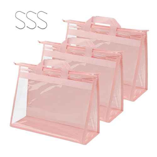 Vercord Clear PVC Handbag Dust-Free Cover Moistureproof Purse Storage Bag Organizer with Handle Zipper Space-Save Holder for Closet Pink XL 3Pcs