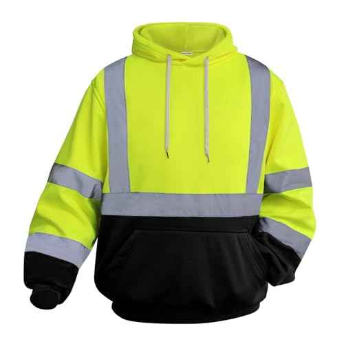 Hi Vis Hoodie for Men Safety Hoodies for Men Reflective with Black Bottom, High Visibility Hoodie for Men with Construction Worker, Meets ANSI, Yellow-JRWY-XL