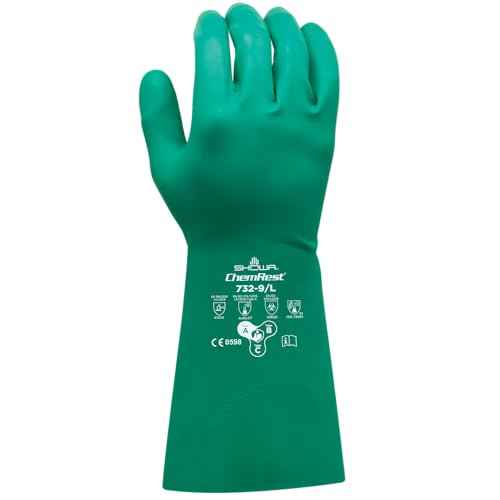 SHOWA 732 Nitrile Chemical Resistant Safety Glove with Raised Diamond Palm and Cotton Lining, 15 mil Thick, 13" Length, Green, X-Large (12 Pair)
