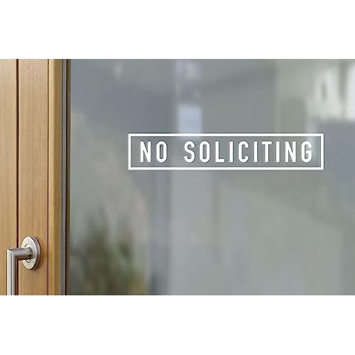 Premium White Vinyl Decal 13x3 inches: No Soliciting On The Outside of Storefront Window and Door- Elegant Front Door Greeting, No Salesmen Sticker