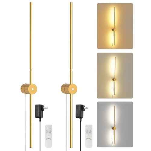 33" Wall Sconces Set of 2 with Remote Control, Dimming & 3 Color Temperatures, Plug-in Gold Wall Lights for Bedroom, Living Room, Adjustable Brightness & Rotatable Lamp Post, D09YBP205