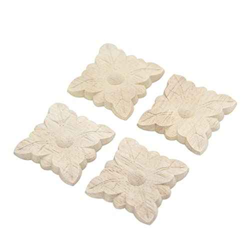 Decorative Wood Appliques 4 Pack Wood Carved Applique Onlay for Furniture Decor Leaf Style Decal Unpainted be Attached to Home Corner Frame,Cabinets, Windows, Mirrors, Doors, Bed,1.97x1.97inch