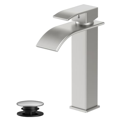 Rywuanku Tall Brushed Nicklel Bathroom Faucet Waterfall Spout, Single Handle Sink Faucet with Pop-up Drain & Deck Plate, Modern 1 Hole Vanity Faucet for RV, Farmhouse, Camper or Bathroom