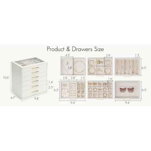 Vlando 6 Layer Jewelry Box for Women, Glass Lid Jewelry Organizer with 6 Drawers for Necklaces Rings Earrings Bracelets - Cloud White