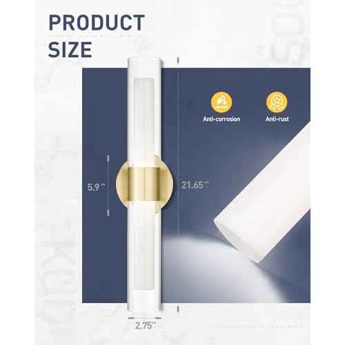 kudos Gold Bathroom Sconces Wall Lighting, Bathroom Vanity Light, Modern Wall Lights with Clear Glass and Frosted Glass,3000K/4500K/6000K Adjustable, KDVL06-GD-2