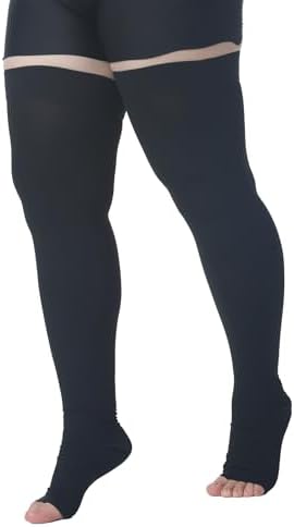 MGANG Medical Thigh High Compression Stockings for Men & Women, Pair, Open Toe, 20-30 mmHg Graduated Compression Support Hose, Opaque, Best for Varicose Veins, Edema, Flight, DVT, Swelling, Black 4XL