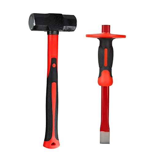 Acrux7 3lb Sledge Hammer & Masonry Chisel with Hand Guard, Heavy Duty Octagonal Sledge Hammer and Flat Chisel with Anti-Slip Handle for Tile, Concrete, Rock, Brick