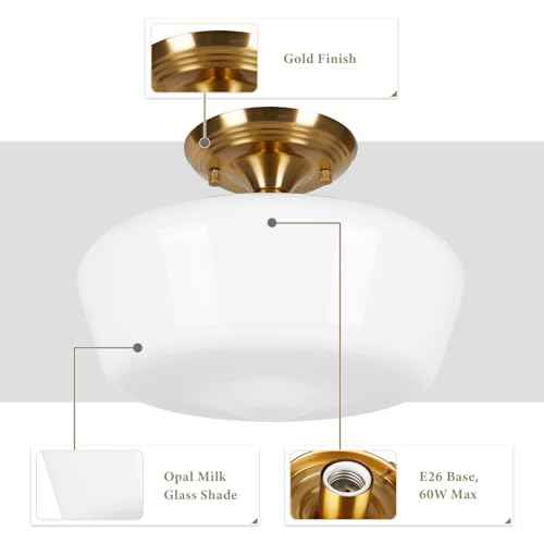 Schoolhouse Style Semi Flush Mount Ceiling Light Fixture, 12" Modern Gold Hallway Ceiling Lamp with Opal Milk Glass Shade Brass, Farmhouse Globe Light for Bedroom Kitchen Hallway Entryway Laundry