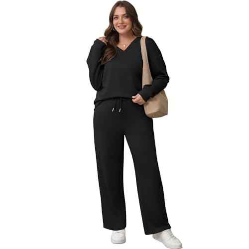 WIHOLL Lounge Sets for Women 2025 V Neck 2 Piece Outfits Airport Wide Leg Pants Matching Set Sweatsuits