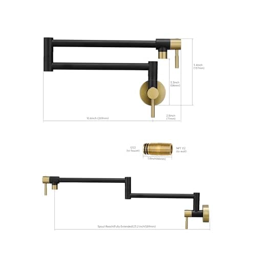 Fransiton Black & Gold Pot Filler, Pot Filler Faucet Wall Mount, Brass Folding Stretchable with Double Joint Swing Arm Single Hole Two Handles Kitchen Restaurant